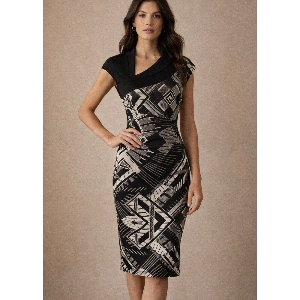 KAREN MILLEN Dress Women's , US 8 Fitted Asymmetric Cut Out Neck Knee Len